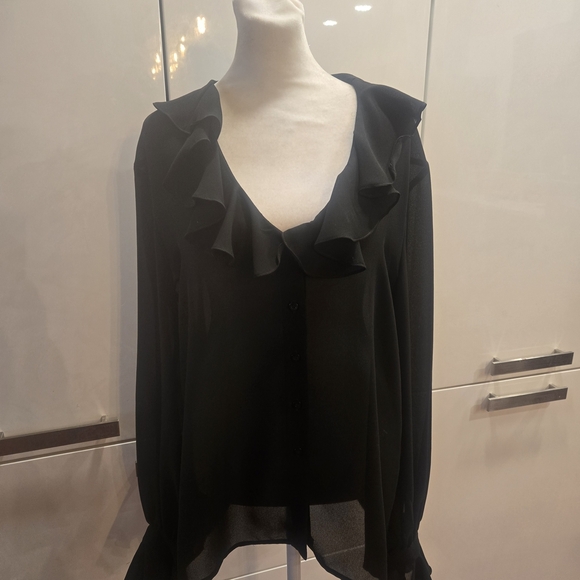 Vintage 1980s Ruffled V-Neck Romantic Black Blouse Top Size 14 - Picture 1 of 7